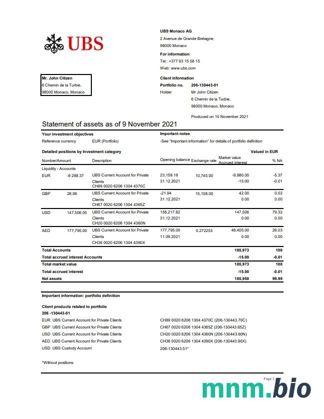 Monaco UBS wzór wyciągu bankowego w formacie Word i PDF